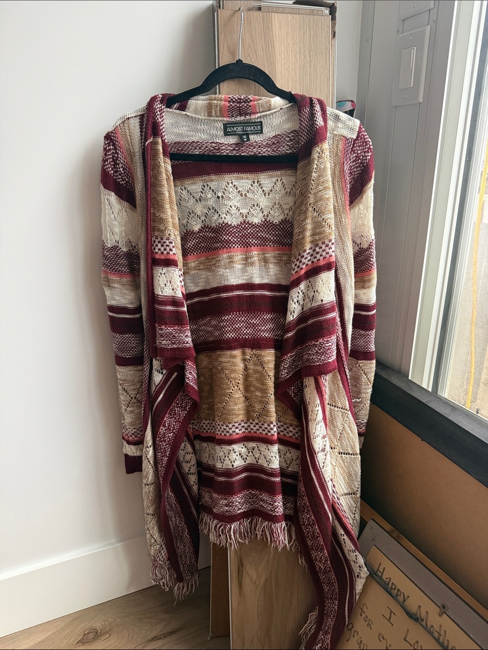 Almost Famous Burgundy Cream Tan Striped Fringe Open-Front Cardigan
